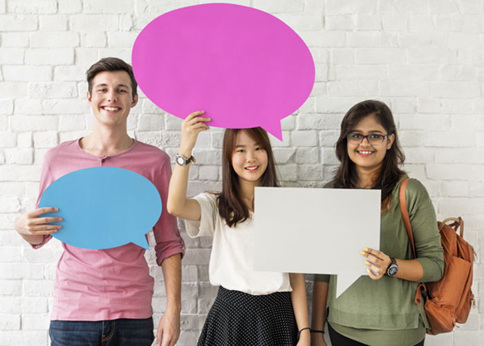 linguistics image students with speech bubbles