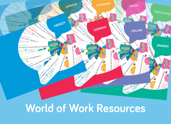Image showing part of covers of nine World of Work resources, of different colours. They are fanned out on a blue background.