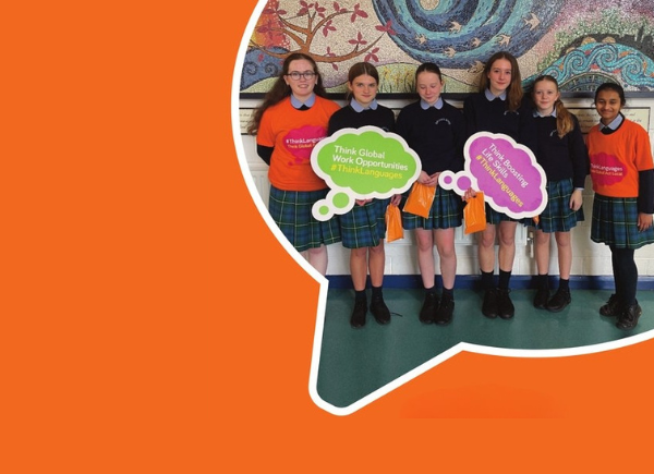 Orange background, speech bubble chape with photo inside of five post-primary school students holding #ThinkLanguages photo props