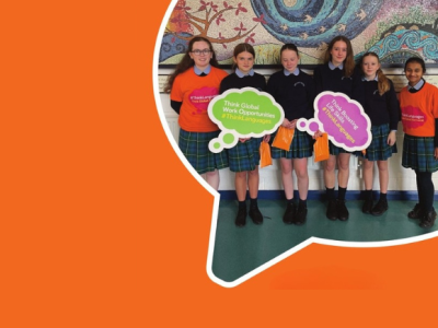 Orange background, speech bubble chape with photo inside of five post-primary school students holding #ThinkLanguages photo props